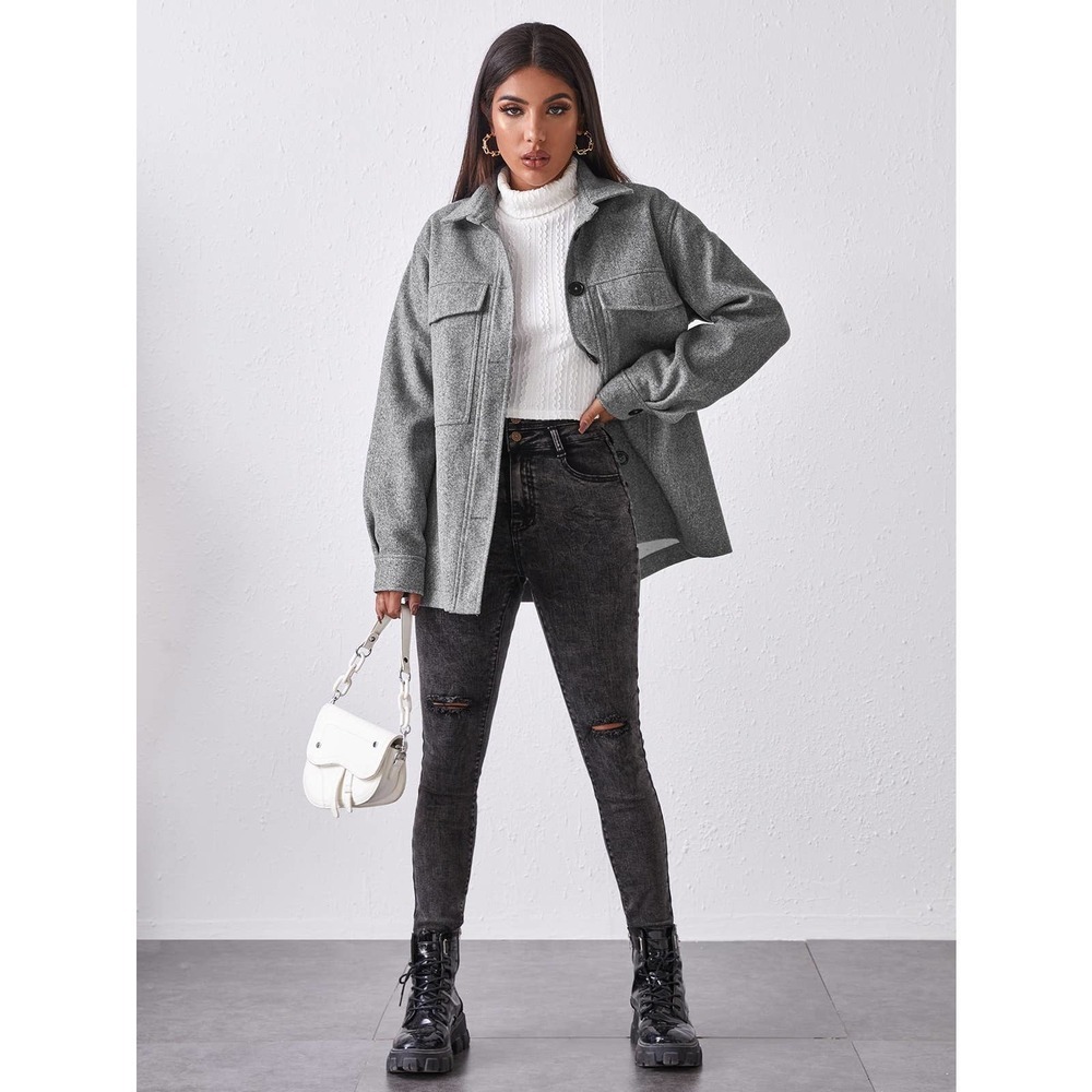 boyfriend shacket oversized Button Front Pocket Patched jacket gray - Picture 3 of 5